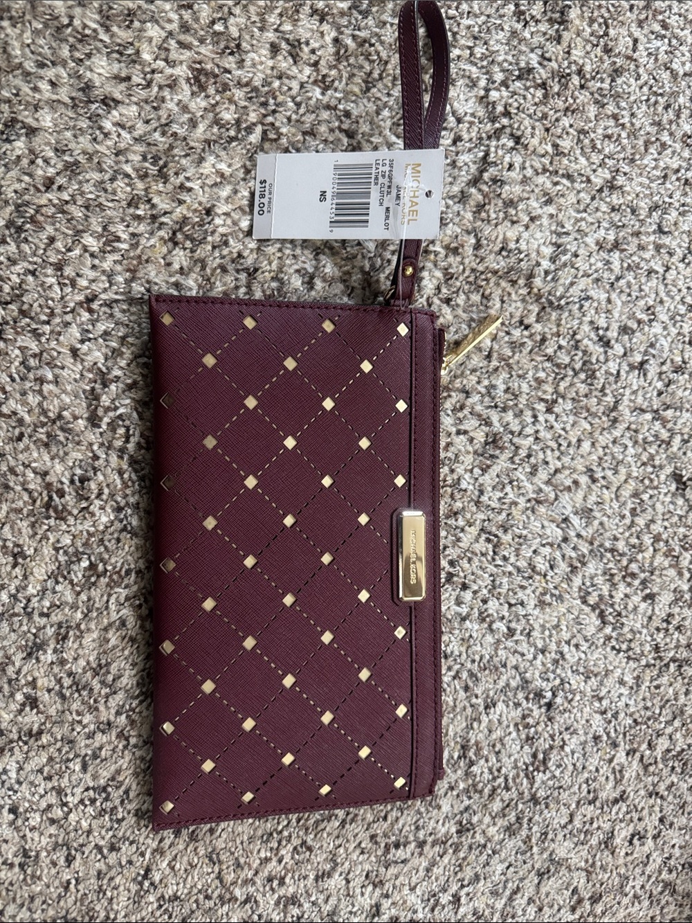 Michael Kors Burgundy Quilted Wristlet with Gold Accents